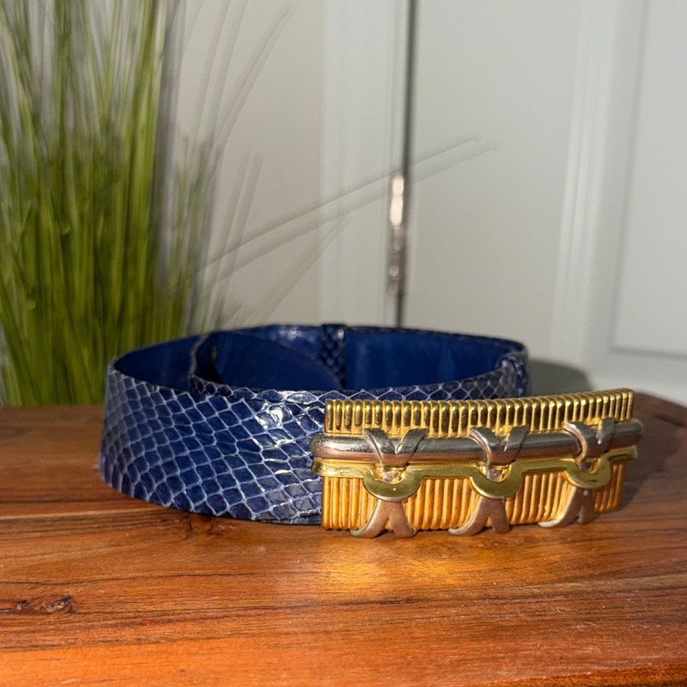 Judith Leiber Vintage Blue Snakeskin Leather Belt with Gold Statement Buckle